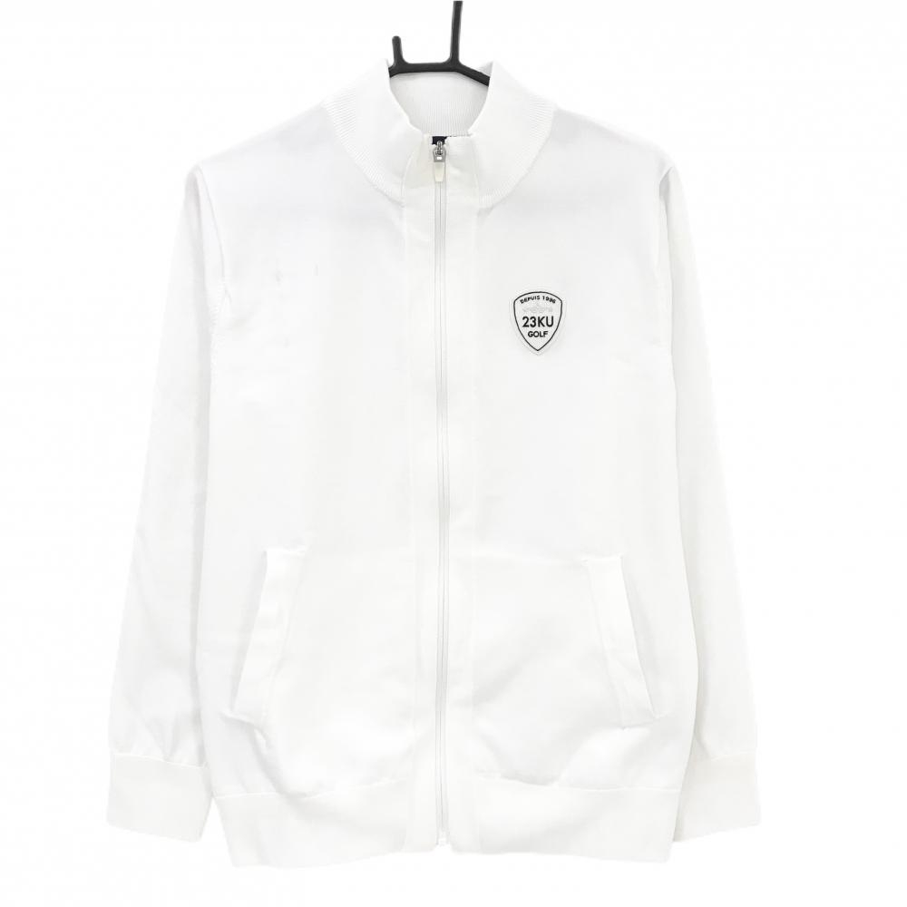 【美品】23区ゴルフ ニットジャケット 白 ロゴワッペン 背面星 ポリエステル100％  メンズ M ゴルフウェア 23区