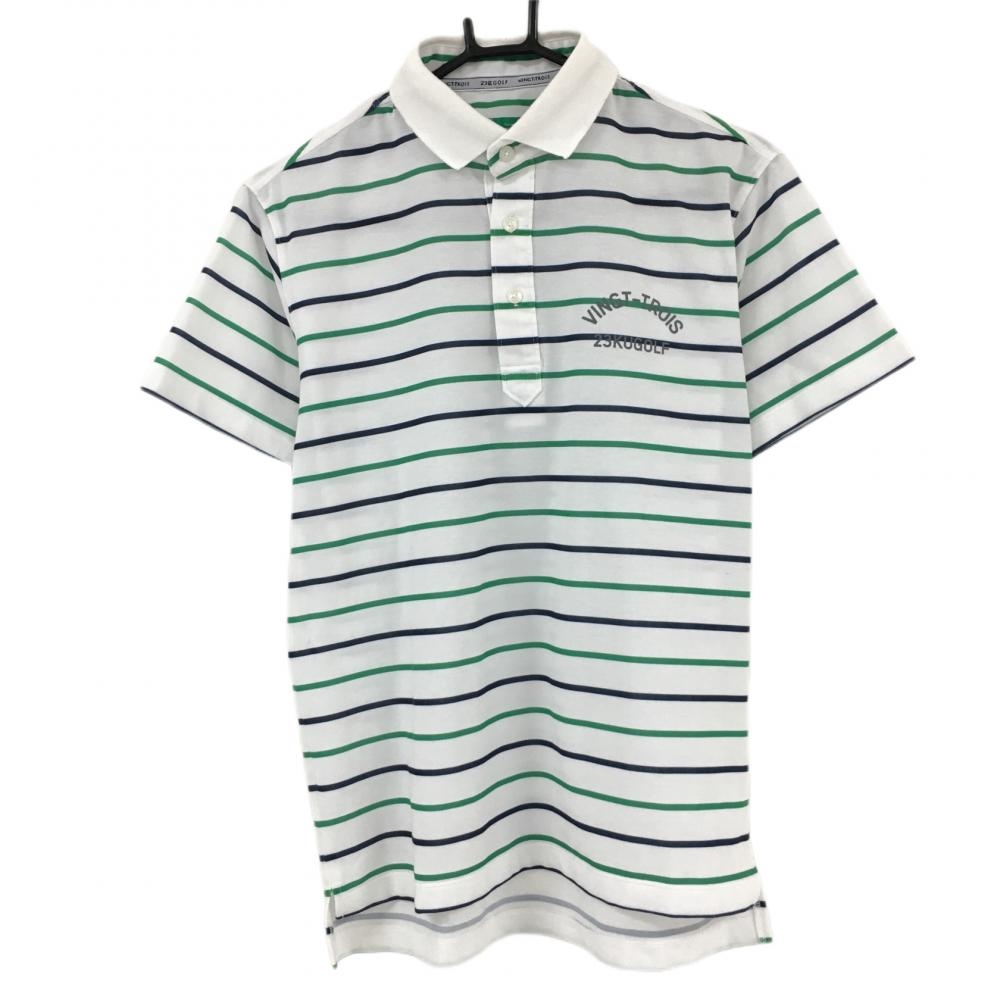 23区ゴルフ 半袖ポロシャツ 白×グリーン ボーダー 襟汚れ メンズ M ゴルフウェア 23区