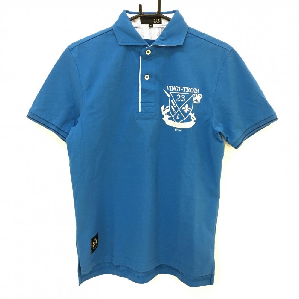 23区 半袖ポロシャツ ブルー×白 襟裏ストライプ ロゴ刺しゅう  メンズ M ゴルフウェア 23区