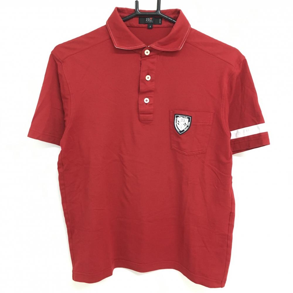 【美品】23区 半袖ポロシャツ レッド×白 袖ライン ワッペン  メンズ 2(L) ゴルフウェア 23区 画像