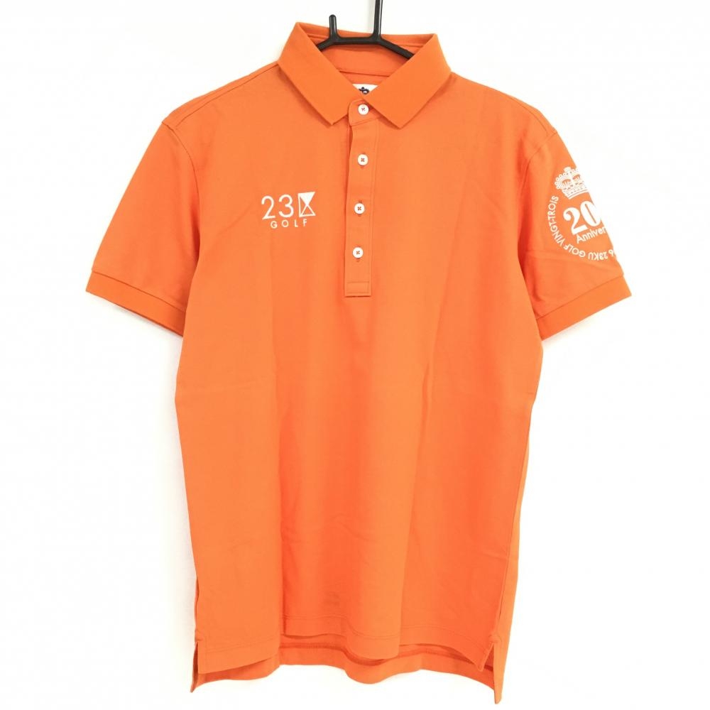 【美品】23区ゴルフ 半袖ポロシャツ オレンジ×白 ロゴ刺しゅう 20周年 メンズ M ゴルフウェア 23区
