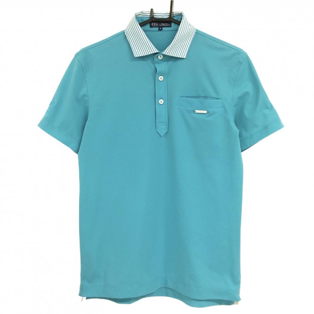 【超美品】23区ゴルフ 半袖ポロシャツ ライトブルー×白 襟ボーダー 胸ポケット メンズ M ゴルフウェア 23区