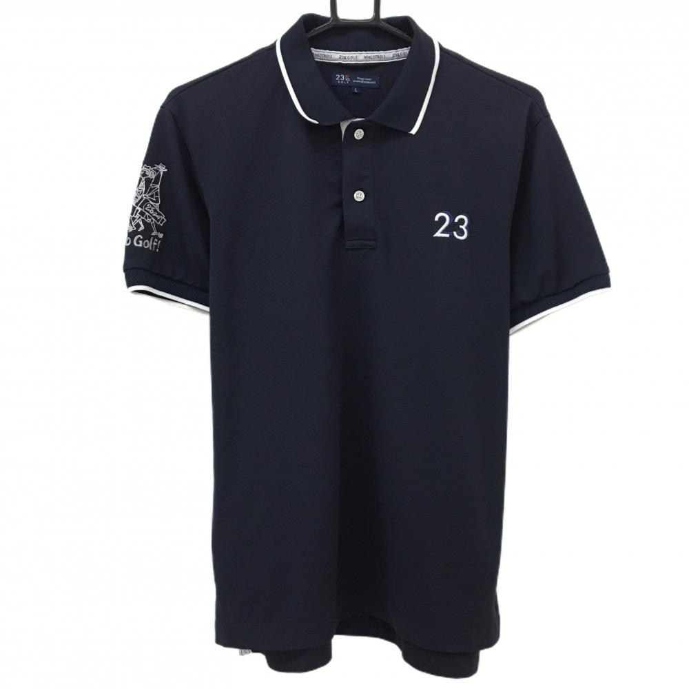 【超美品】23区ゴルフ 半袖ポロシャツ ネイビー×白 ロゴ刺しゅう 襟袖口ライン  メンズ L ゴルフウェア 23区