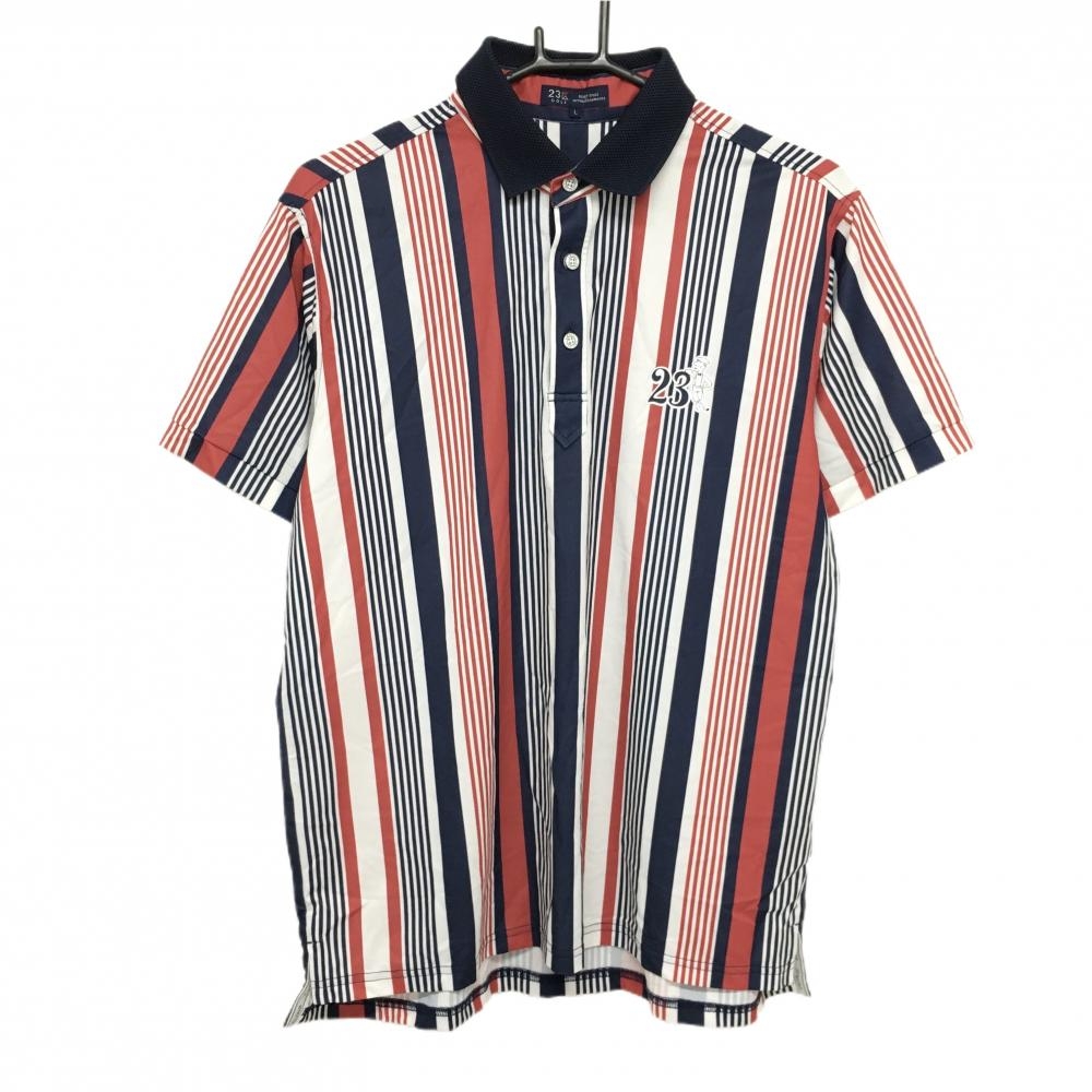 【超美品】23区ゴルフ 半袖ポロシャツ 白×ネイビー×レッド ストライプ風 メンズ L ゴルフウェア 23区