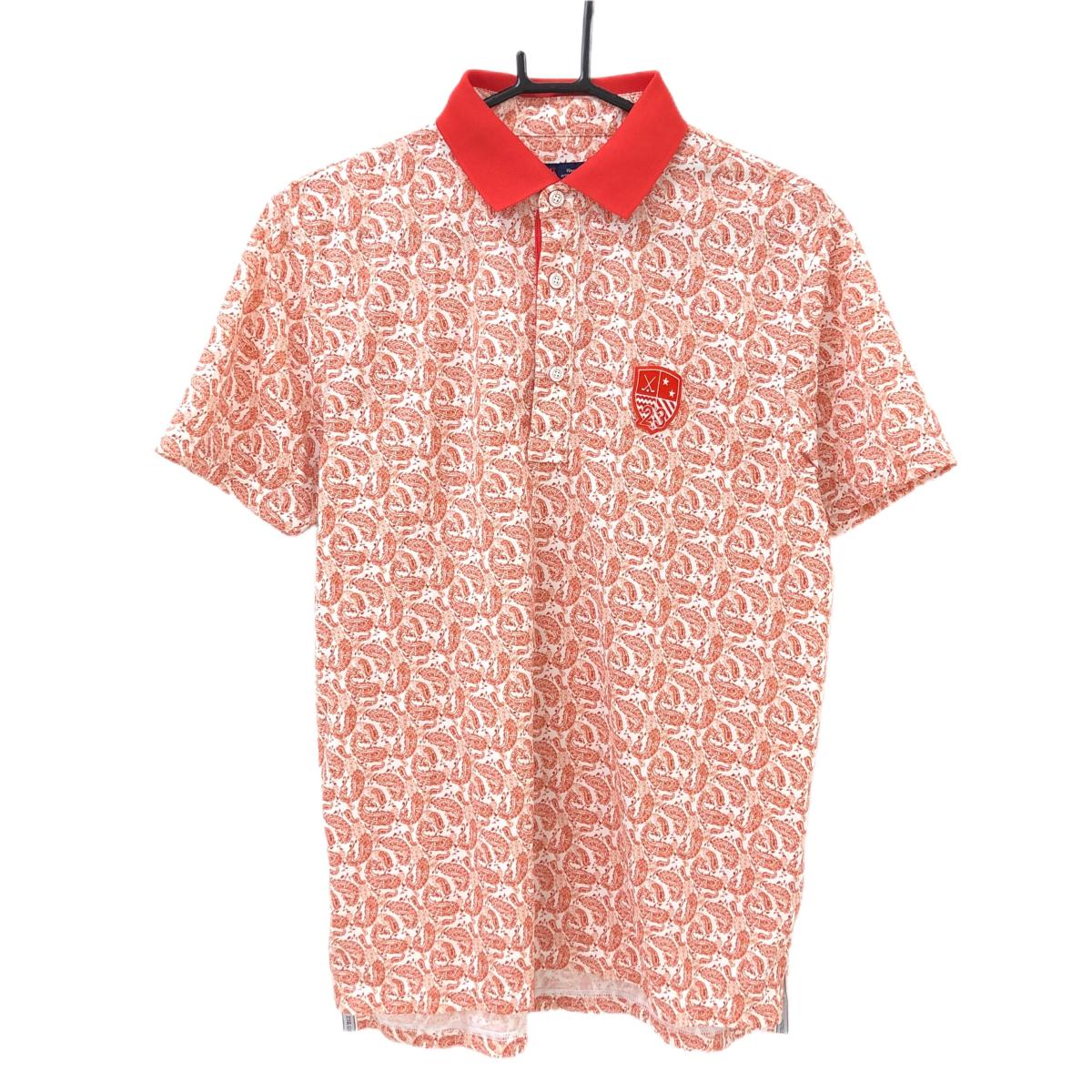 【超美品】23区ゴルフ 半袖ポロシャツ 白×オレンジレッド 総柄 メンズ L ゴルフウェア 23区