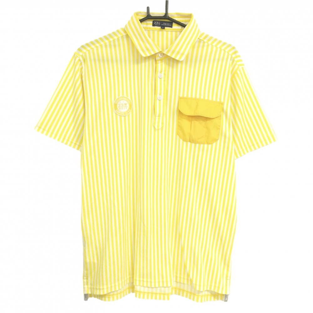【超美品】23区ゴルフ 半袖ポロシャツ イエロー×白 ストライプ 胸ポケット メンズ LL ゴルフウェア 23区