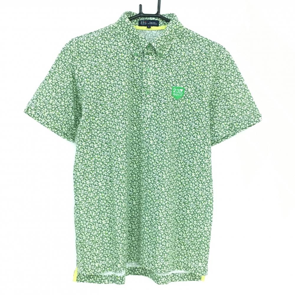 【超美品】23区ゴルフ 半袖ポロシャツ グリーン×白 総柄 ボタンダウン ロゴワッペン メンズ L ゴルフウェア 23区