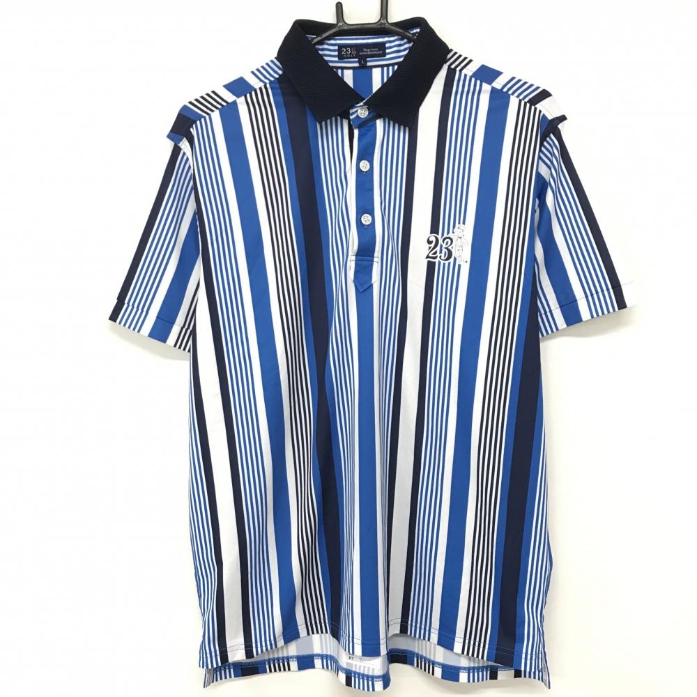 【超美品】23区ゴルフ 半袖ポロシャツ 白×ブルー×ネイビー ストライプ 胸元プリント メンズ L ゴルフウェア 23区