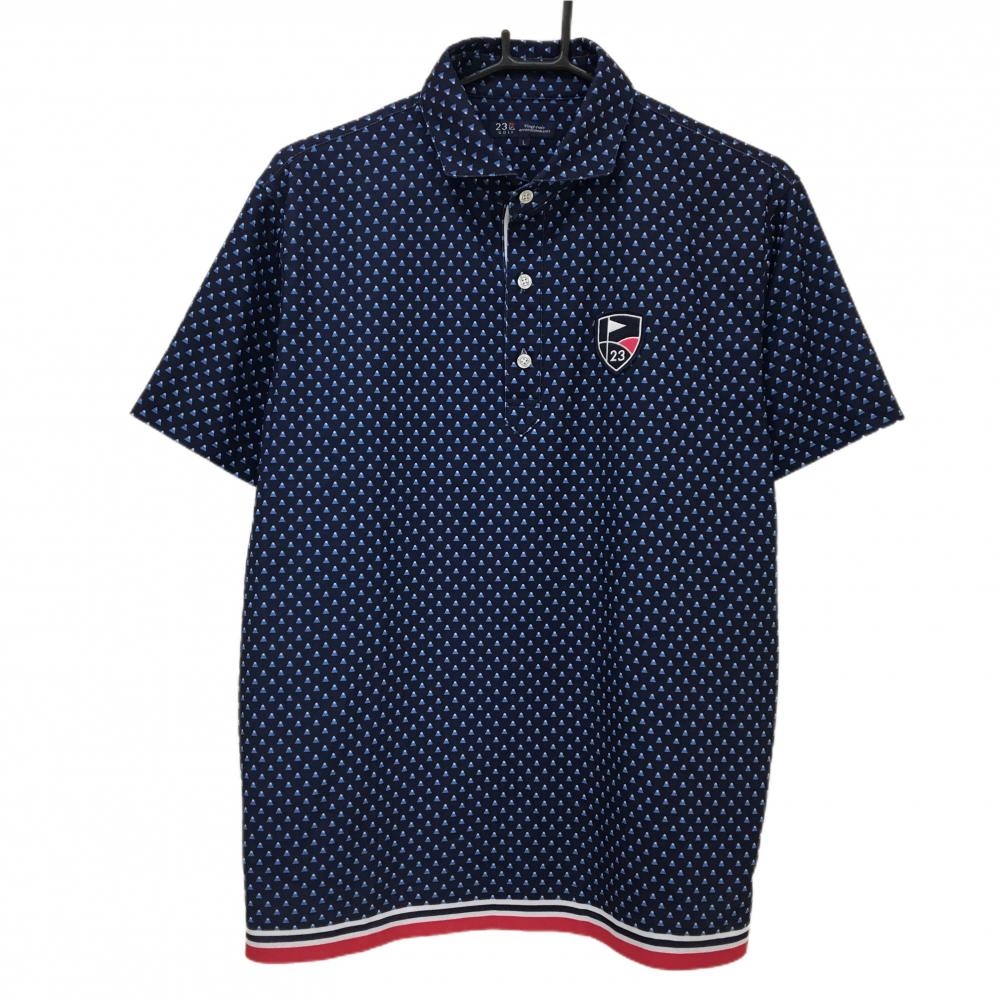 【超美品】23区ゴルフ 半袖ポロシャツ ネイビー×ブルー 富士山柄 ロゴワッペン メンズ L ゴルフウェア 23区