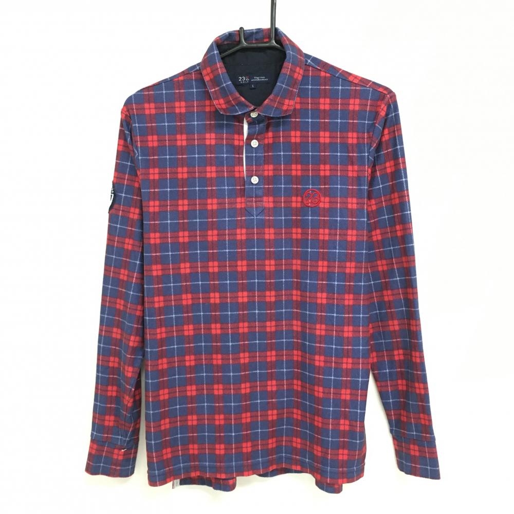 【美品】23区ゴルフ 長袖ポロシャツ ネイビー×レッド チェック 微起毛  メンズ L ゴルフウェア 23区