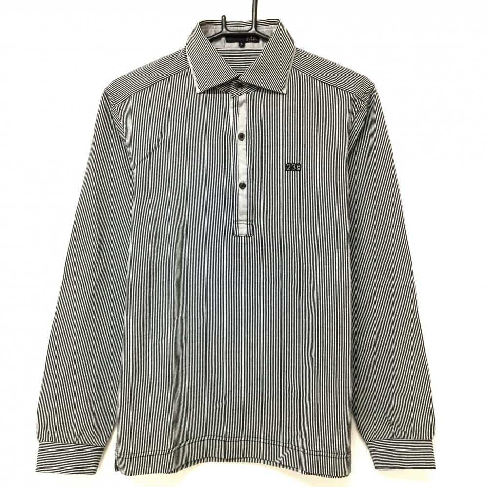 【超美品】23区スポーツ 長袖ポロシャツ 黒×白 ストライプ ボタンダウン メンズ L ゴルフウェア 23区