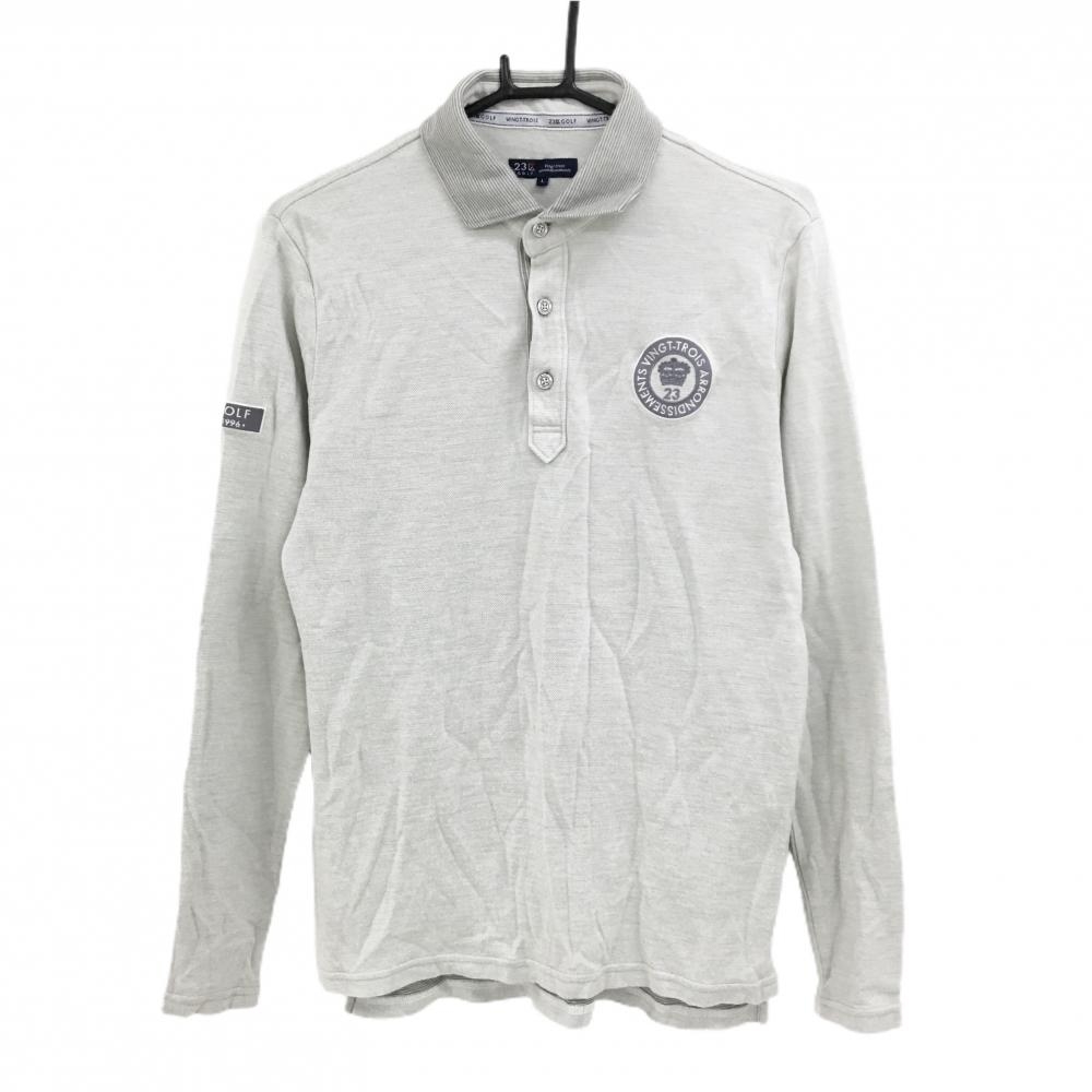 【美品】23区ゴルフ 長袖ポロシャツ ライトグレー 襟ボーダー メンズ L ゴルフウェア 23区