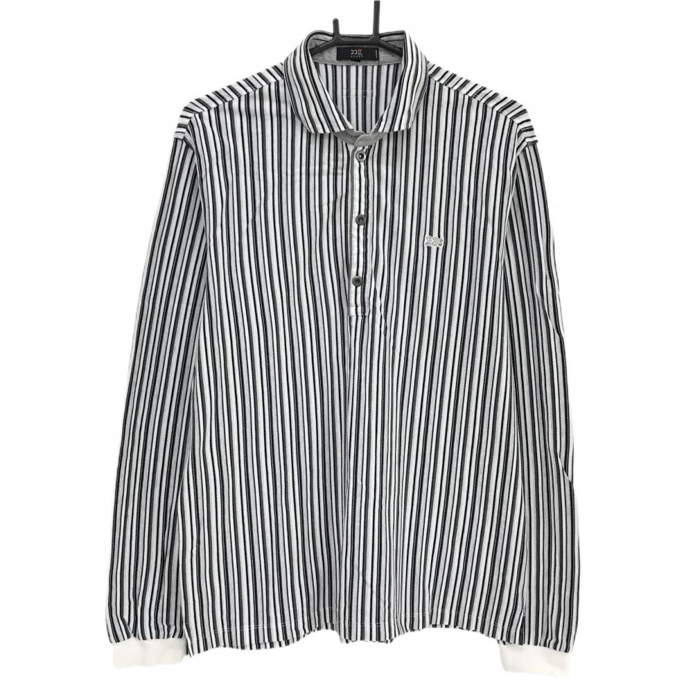 【美品】23区スポーツ 半袖ポロシャツ 白×黒 ボーダー ロゴ刺しゅう スナップボタン メンズ 4(2XL) ゴルフウェア 大きいサイズ 23区
