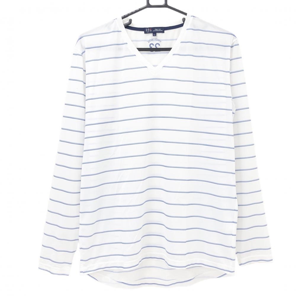 【美品】23区ゴルフ 長袖Ｔシャツ 白×ブルー ボーダー 薄手 メンズ LL ゴルフウェア 23区