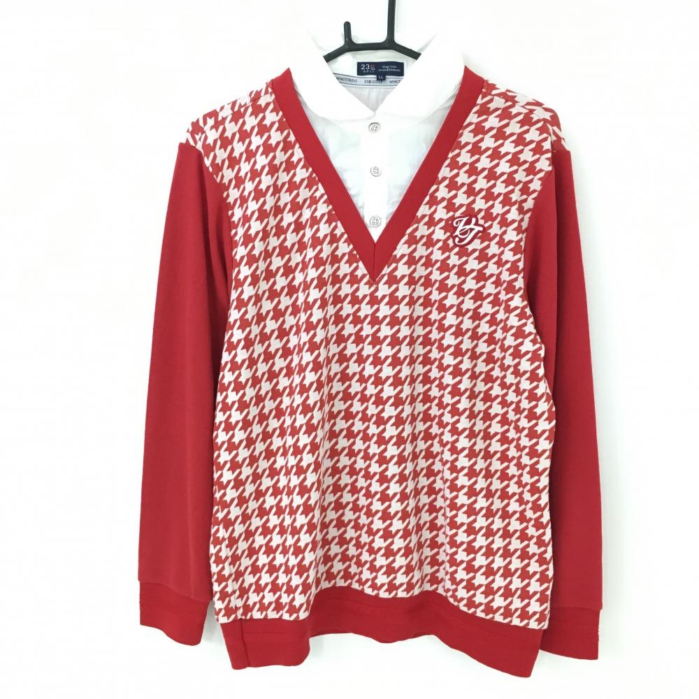 【超美品】23区ゴルフ 重ね着風長袖シャツ 白×レッド 千鳥格子  メンズ LL ゴルフウェア 23区