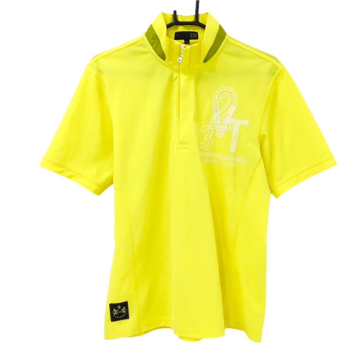 23区スポーツ 半袖ハイネックシャツ イエロー×白 ハーフジップ ロゴ刺しゅう メンズ L ゴルフウェア 23区