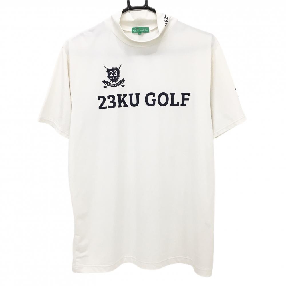 【超美品】23区ゴルフ 半袖ハイネックシャツ 白×ダークネイビー ロゴプリント メンズ L ゴルフウェア 23区
