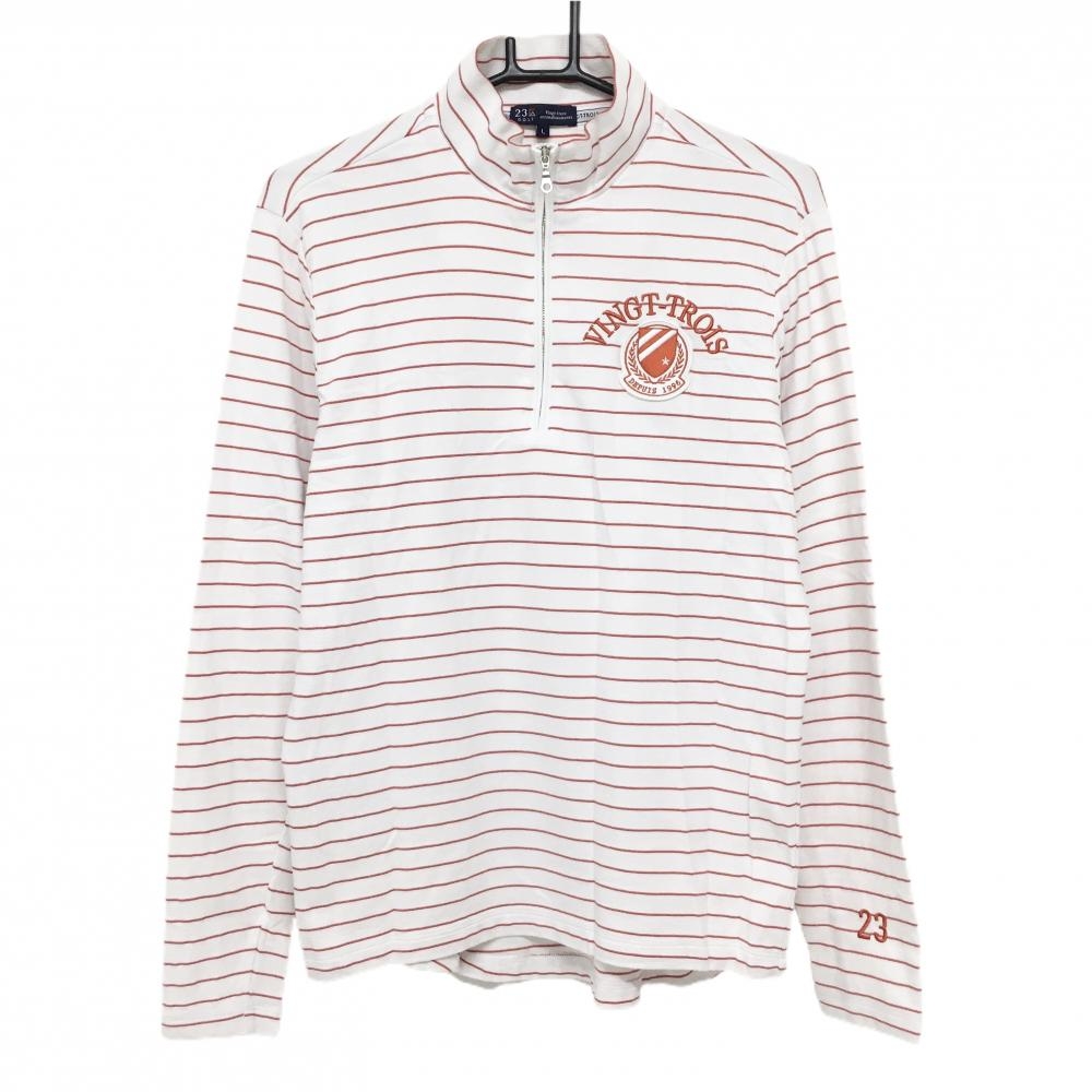 【美品】23区ゴルフ 長袖ハイネックシャツ 白×オレンジ ボーダー ハーフジップ ロゴ刺しゅう  メンズ L ゴルフウェア 23区