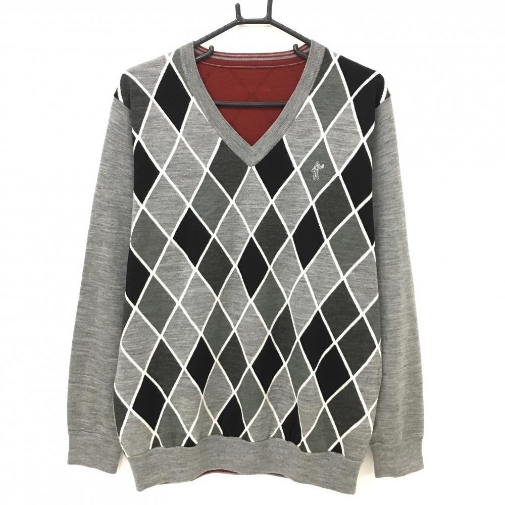 【美品】アシュワース リバーシブルセーター グレー×黒 前身頃ダイヤ柄 裏ボルドー ニット メンズ  ゴルフウェア ASHWORTH