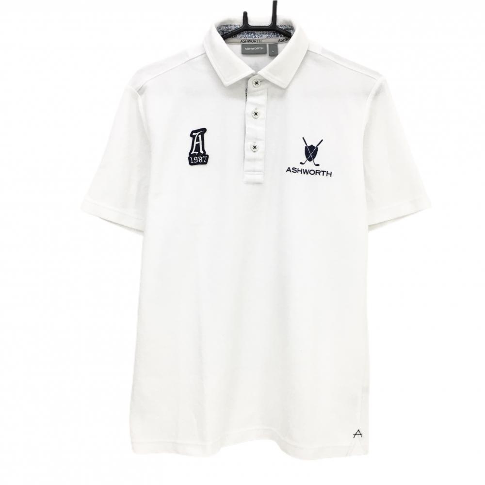 アシュワース 半袖ポロシャツ 白 胸元ロゴ ネック・前立て内側花柄 メンズ L ゴルフウェア ASHWORTH