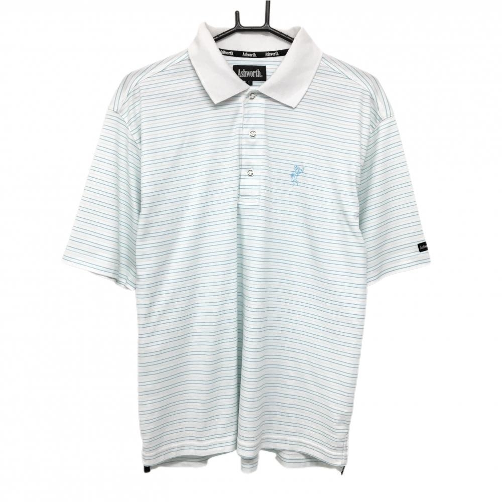 アシュワース 半袖ポロシャツ 白×ライトブルー ボーダー  メンズ L ゴルフウェア ASHWORTH