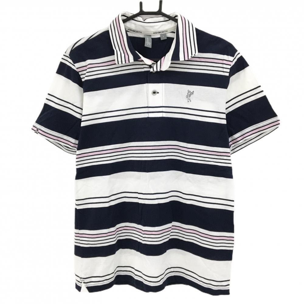 アシュワース 半袖ポロシャツ 白×ネイビー ボーダー  メンズ L ゴルフウェア ASHWORTH
