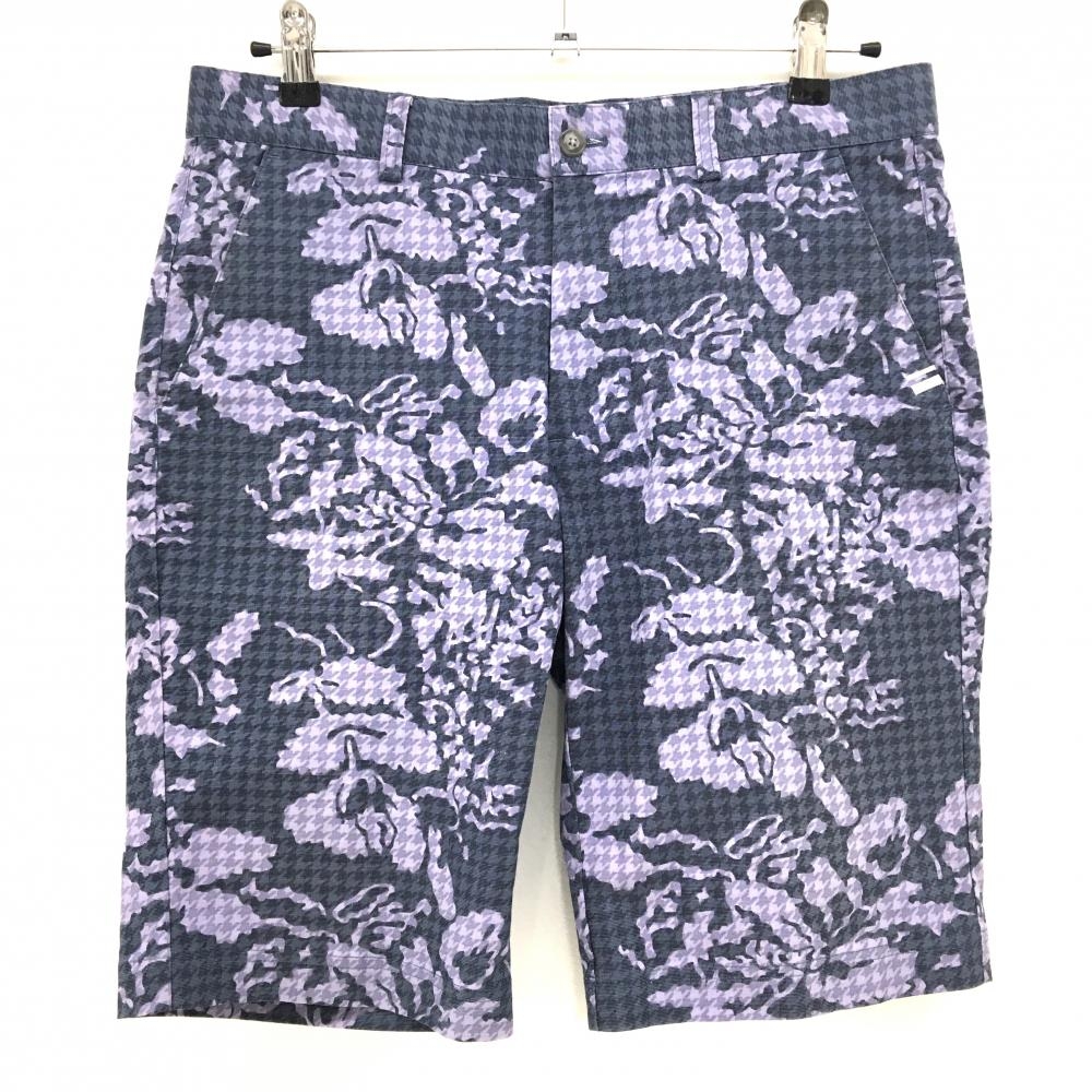 【超美品】アシュワース ハーフパンツ グレーネイビー×ライトパープル 花柄 千鳥格子地模様 ストレッチ メンズ L ゴルフウェア ASHWORTH