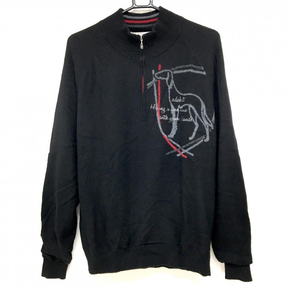 アダバット ハイネックセーター 黒×グレー ハーフジップ ウール混 蓄熱裏地 胸元ロゴ ニット  メンズ 48(L) ゴルフウェア adabat