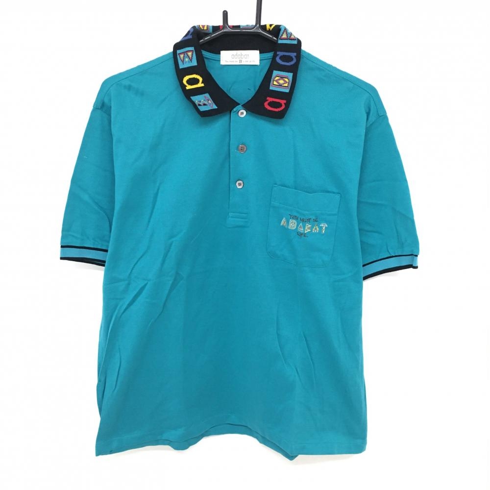 【超美品】アダバット 半袖ポロシャツ ブルーグリーン 襟柄 胸ポケット コットン100％ メンズ V(XL) ゴルフウェア adabat