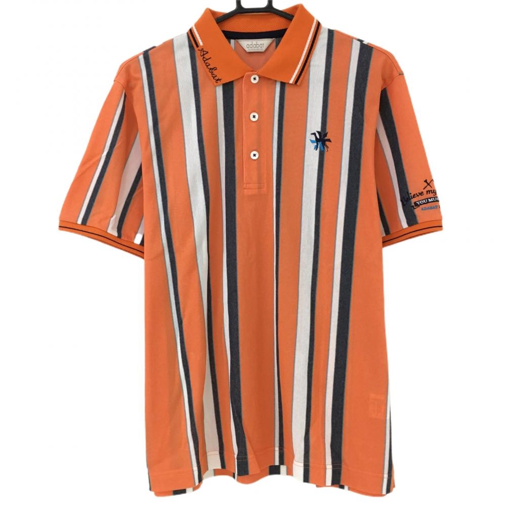 【超美品】アダバット 半袖ポロシャツ オレンジ×白 ストライプ メンズ 48(L) ゴルフウェア adabat