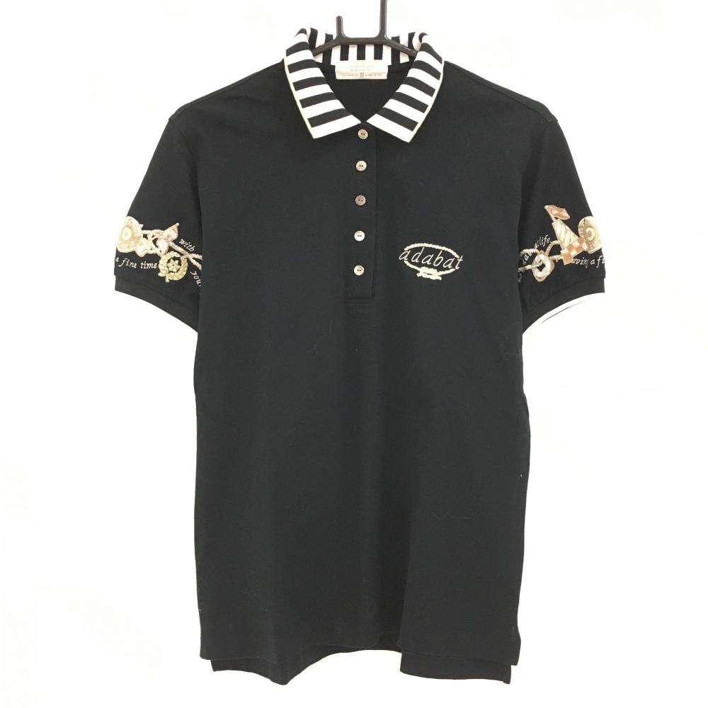 【超美品】アダバット 半袖ポロシャツ 黒×白 襟ストライプ 袖刺しゅう メンズ II(S) ゴルフウェア adabat