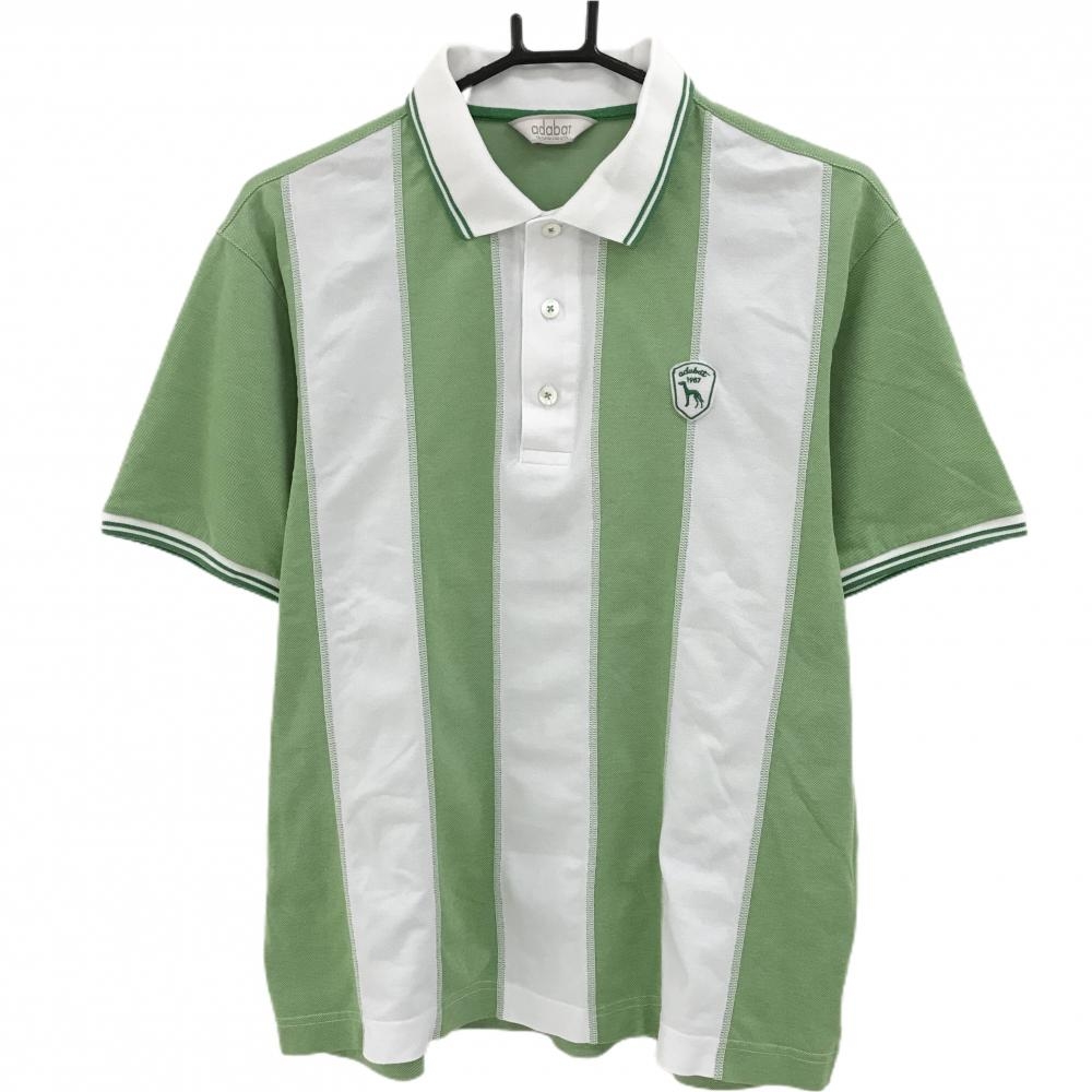 【美品】アダバット 半袖ポロシャツ 白×杢グリーン系 太ストライプ 胸ロゴ メンズ 48(L) ゴルフウェア adabat