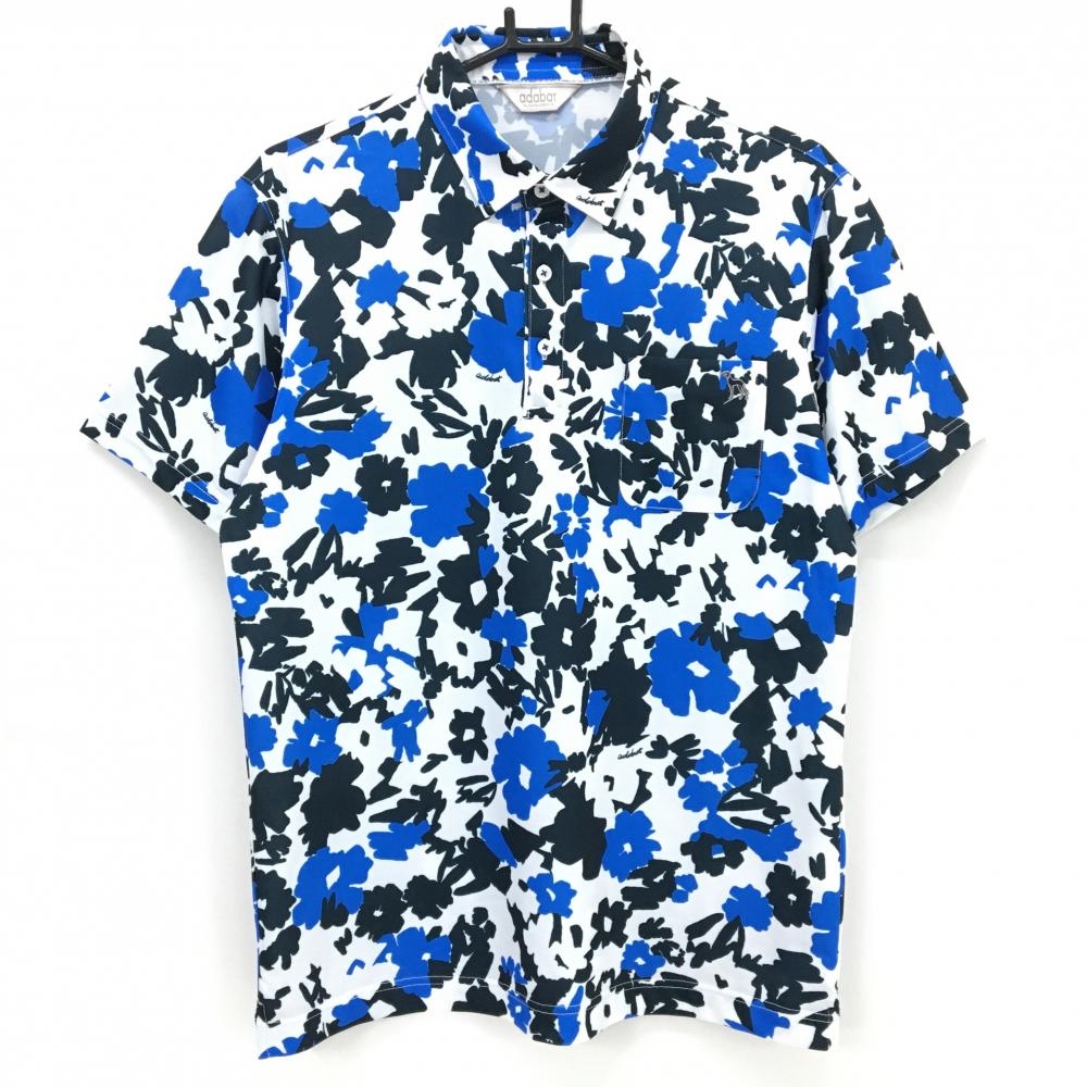 【超美品】アダバット 半袖ポロシャツ 白×ネイビー 花柄 胸ポケット ロゴワッペン メンズ 48(L) ゴルフウェア adabat
