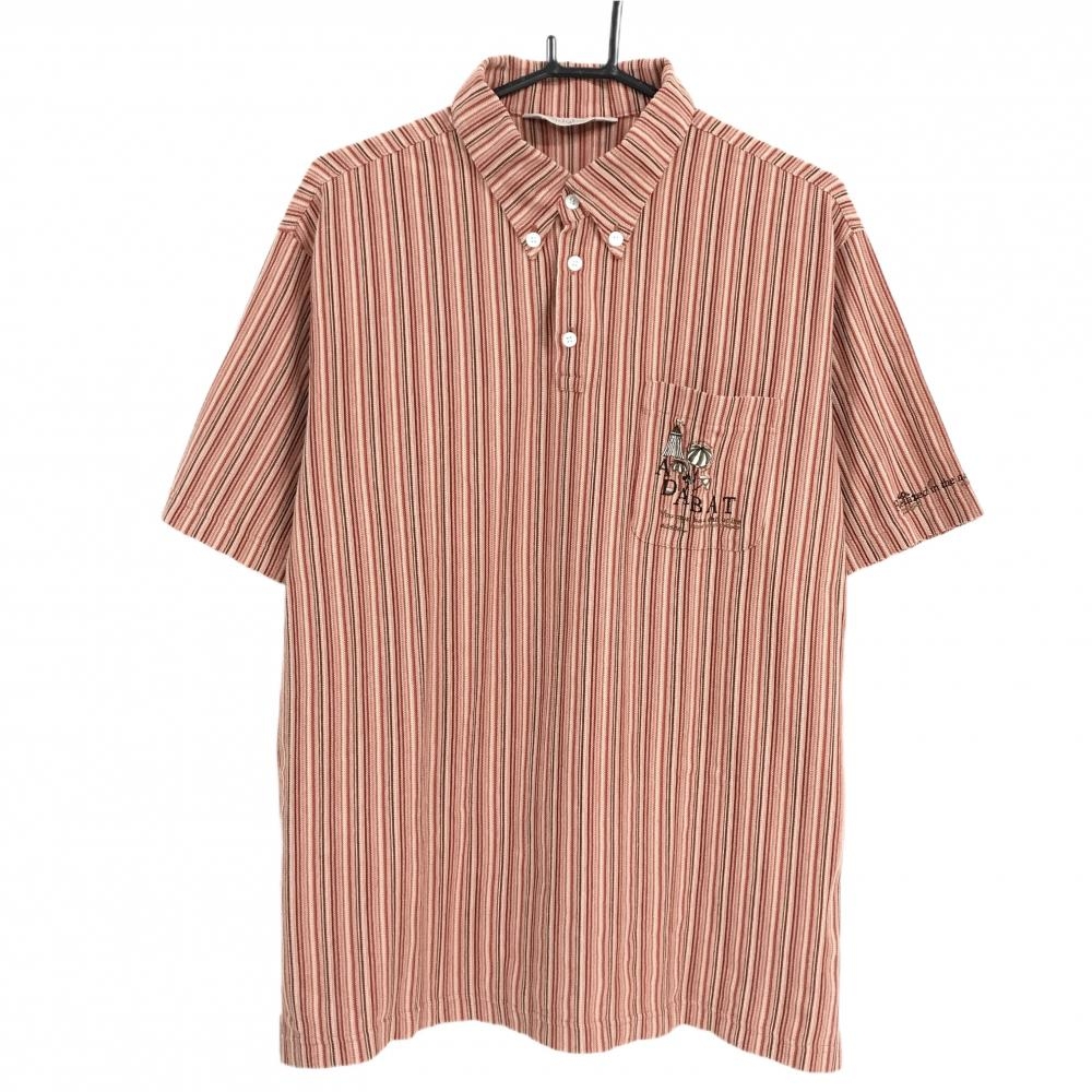 【美品】アダバット 半袖ポロシャツ レッド×ブラウン ストライプ調 ボタンダウン メンズ V(XL) ゴルフウェア adabat