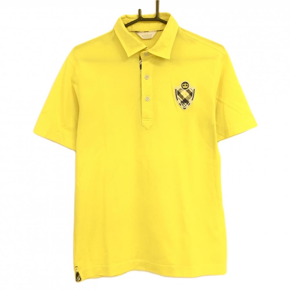 【超美品】アダバット 半袖ポロシャツ イエロー×ネイビー 一部チェック 胸元ロゴ メンズ 48(L) ゴルフウェア adabat