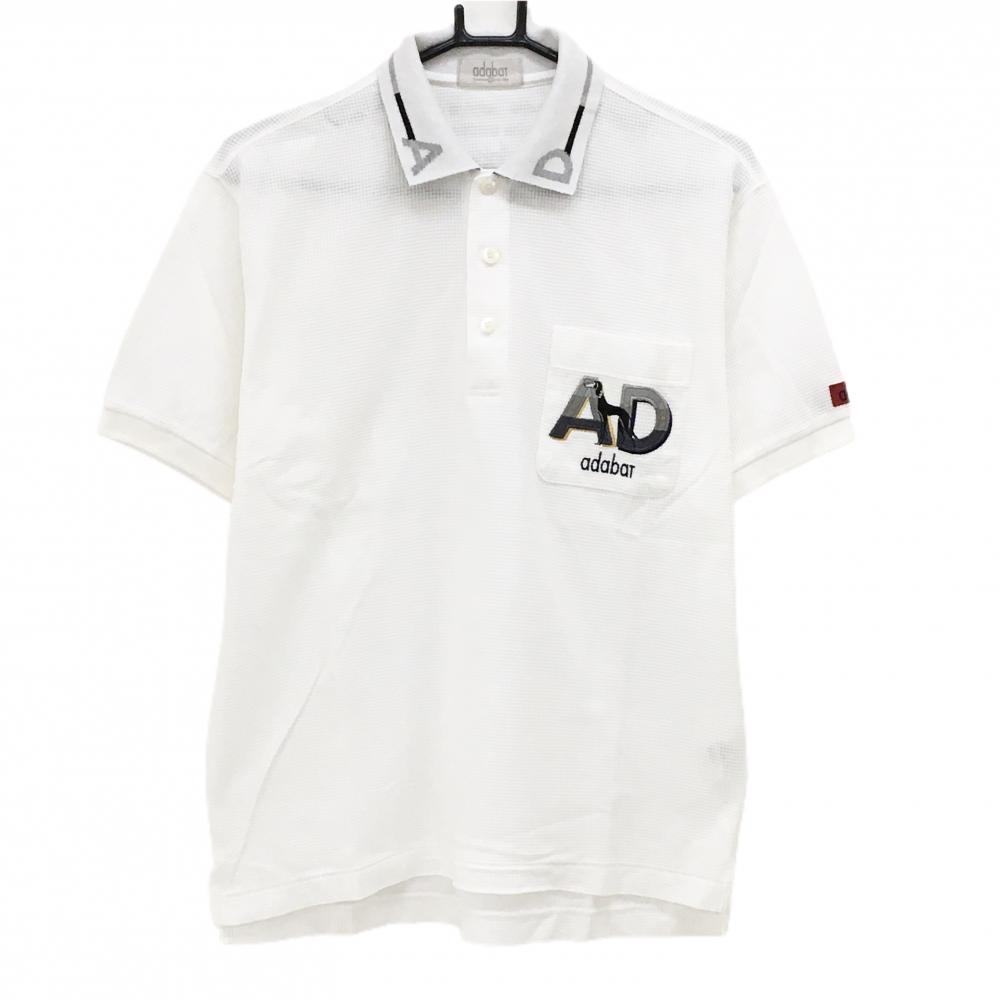 【超美品】アダバット 半袖ポロシャツ 白 胸ポケット ワッフル調織生地  メンズ III(M) ゴルフウェア adabat