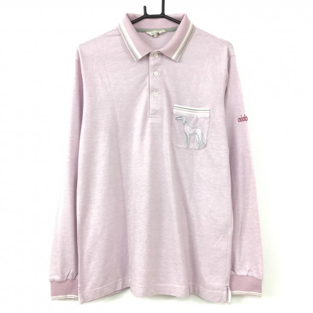 【美品】アダバット 長袖ポロシャツ 杢ピンク 襟裏ボーダー 毛羽立ち メンズ 48(L) ゴルフウェア adabat