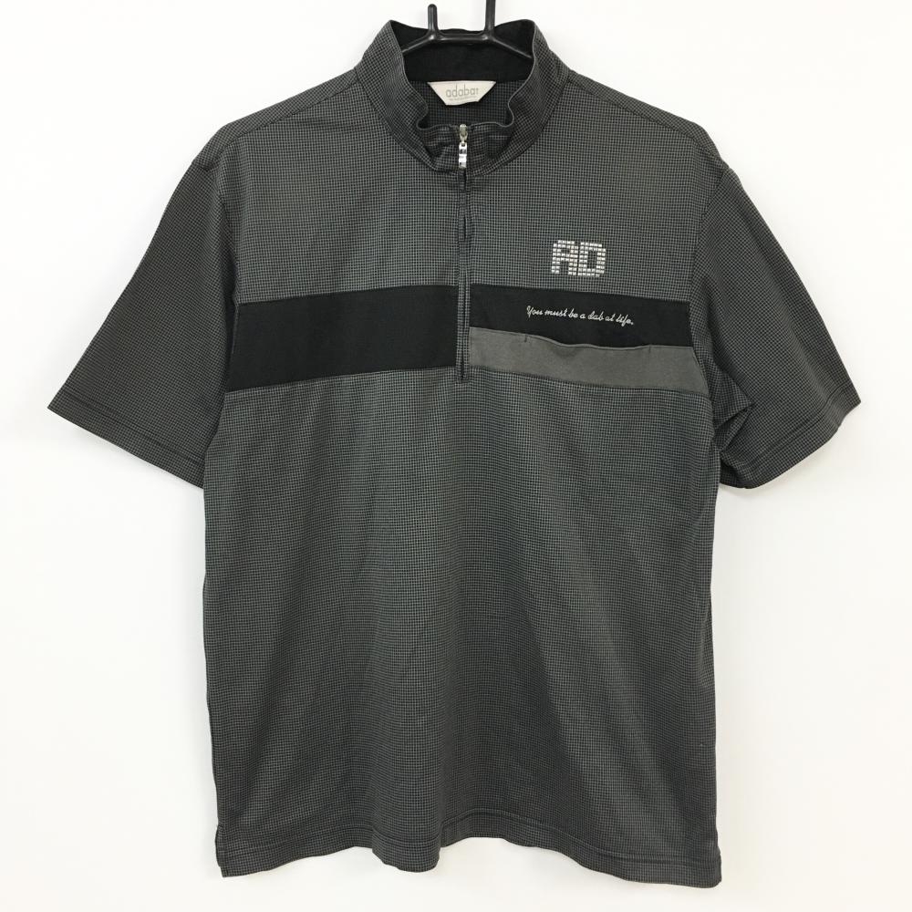 adabat アダバット 半袖ハイネックシャツ 黒×グレー ハーフジップ 細チェック メンズ 48(L) ゴルフウェア