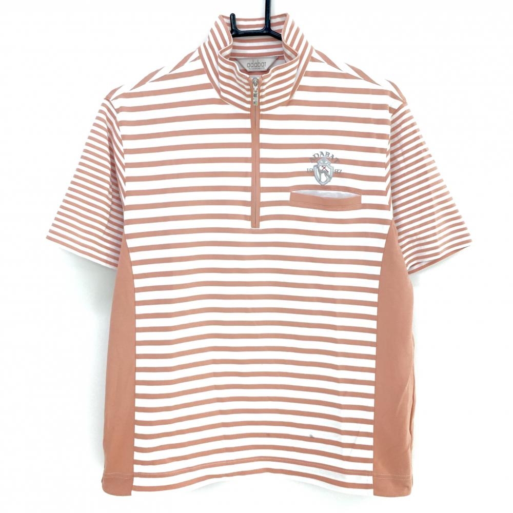 アダバット 半袖ハイネックシャツ オレンジ×白 ボーダー ハーフジップ 胸ポケット メンズ 46(M) ゴルフウェア adabat