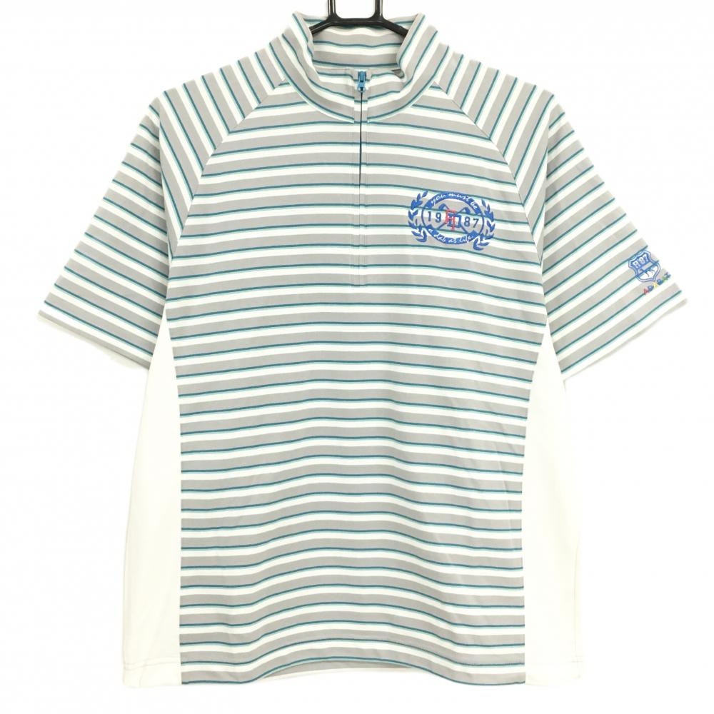 アダバット 半袖ハイネックシャツ グレー×白 ボーダー ハーフジップ メンズ 48(L) ゴルフウェア adabat