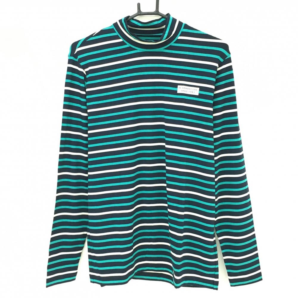 【新品】アダバット 長袖ハイネックシャツ ネイビー×白×グリーン ボーダー ストレッチ  メンズ 48(L) ゴルフウェア adabat