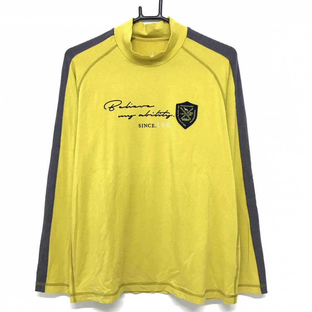 【美品】アダバット 長袖ハイネックシャツ イエロー×グレー ロゴワッペン ストレッチ メンズ 48(L) ゴルフウェア adabat