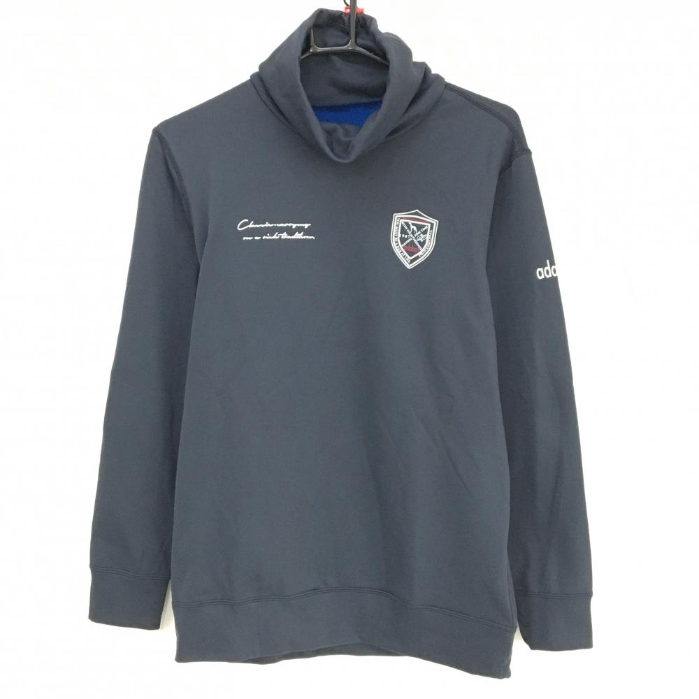 【超美品】アダバット 長袖ハイネックシャツ ネイビー×白 裏起毛 ネックドローコード メンズ 48(L) ゴルフウェア adabat