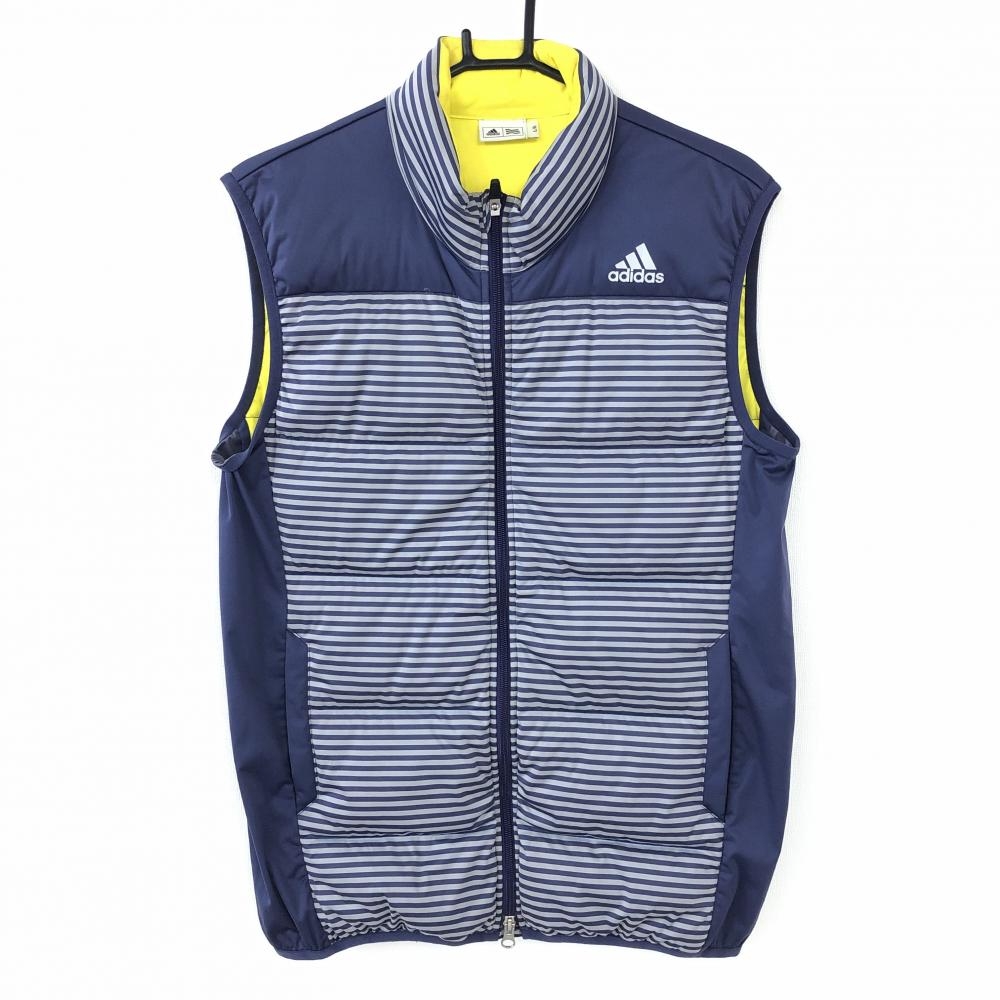 Adidas アディダス ダウンベスト ネイビーパープル イエロー ボーダー ダウン90 軽量 メンズ ｌ ｇ ゴルフウェア 中古ゴルフ ウェア通販サイトreonard レオナード