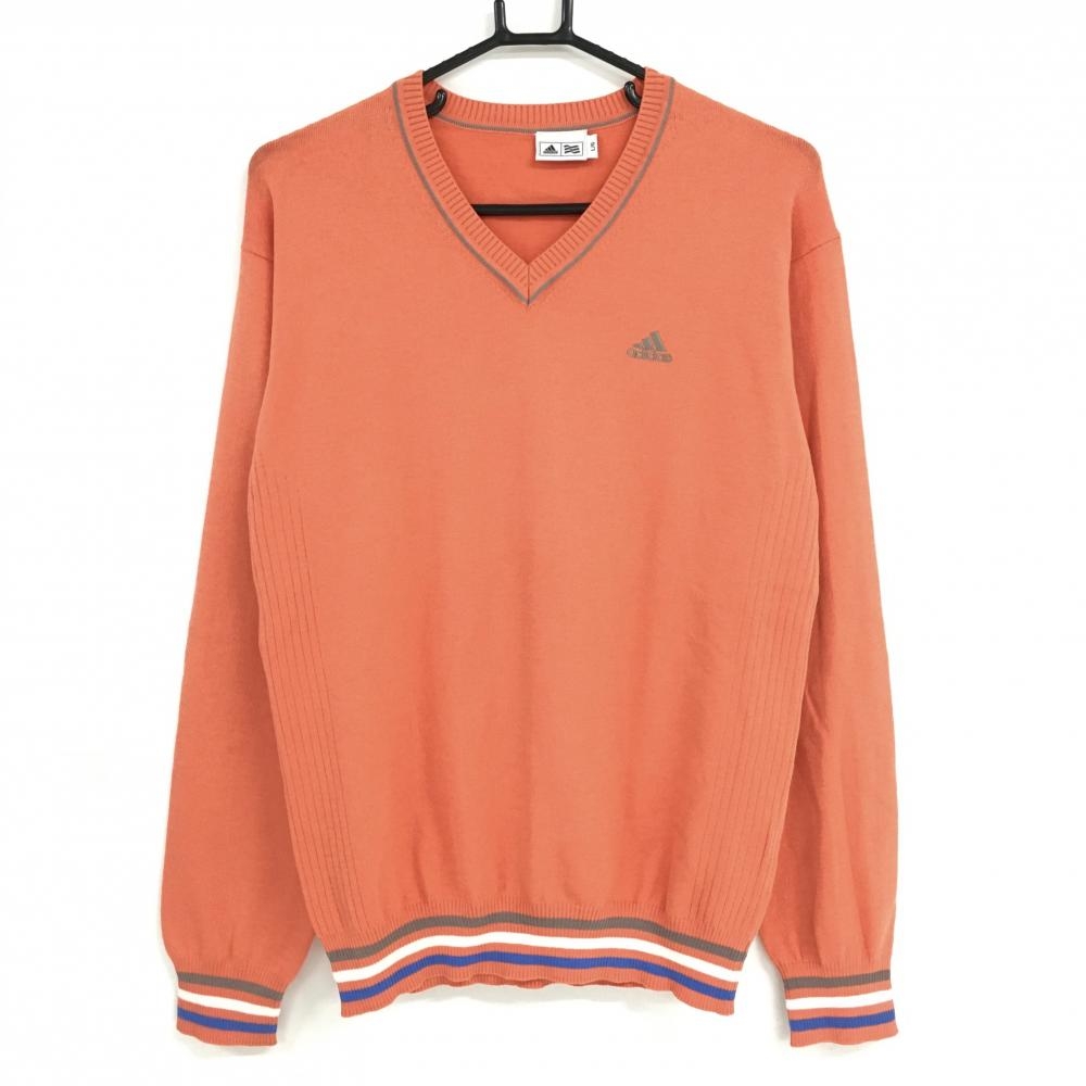 【美品】アディダス セーター オレンジ×グレー ニット Vネック コットン混  メンズ L/G ゴルフウェア adidas