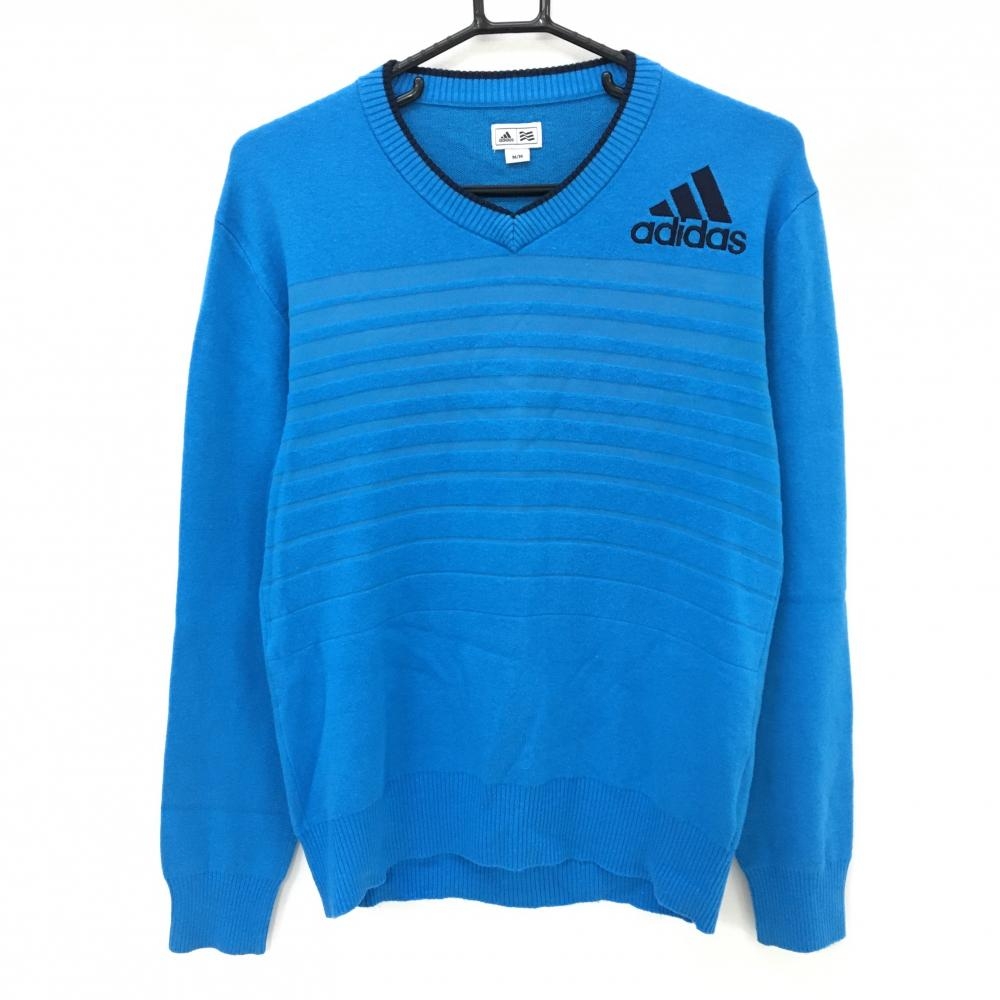 【美品】アディダス セーター ブルー 前面ボーダー編み ストレッチ ウール混  メンズ M/M ゴルフウェア adidas