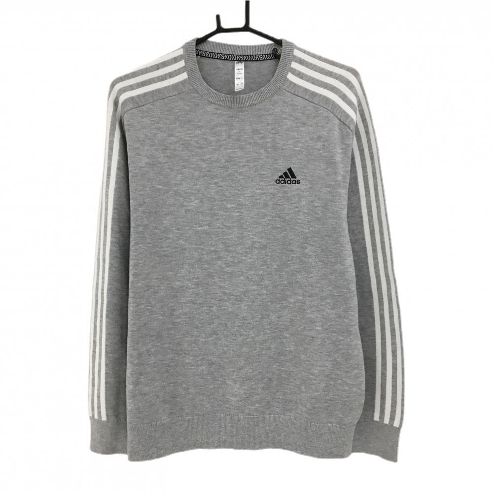 【超美品】アディダス セーター 杢グレー×白 袖3ライン ニット メンズ L ゴルフウェア adidas