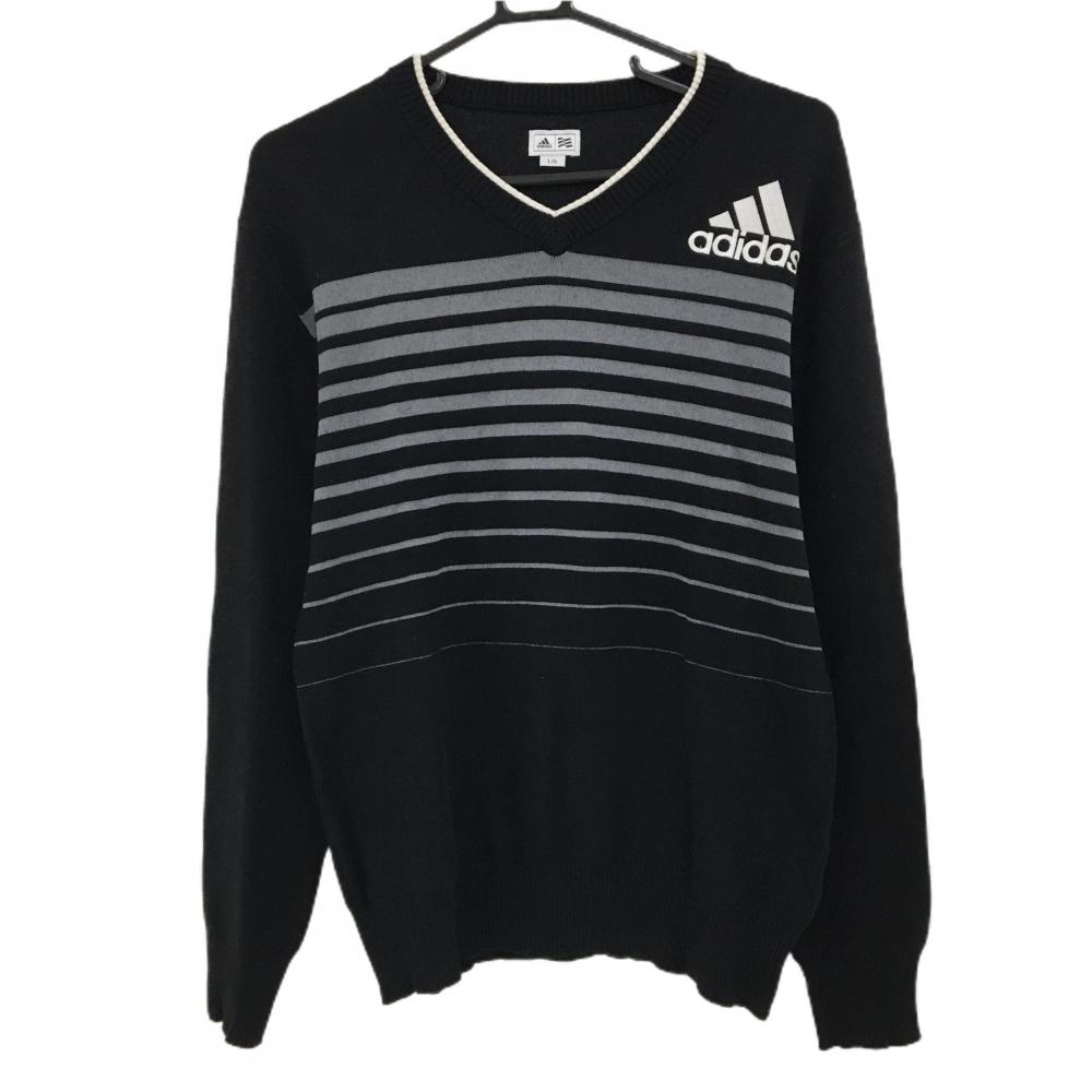 【美品】アディダス セーター 黒×グレー 前面ボーダー ニット  メンズ L/G ゴルフウェア adidas