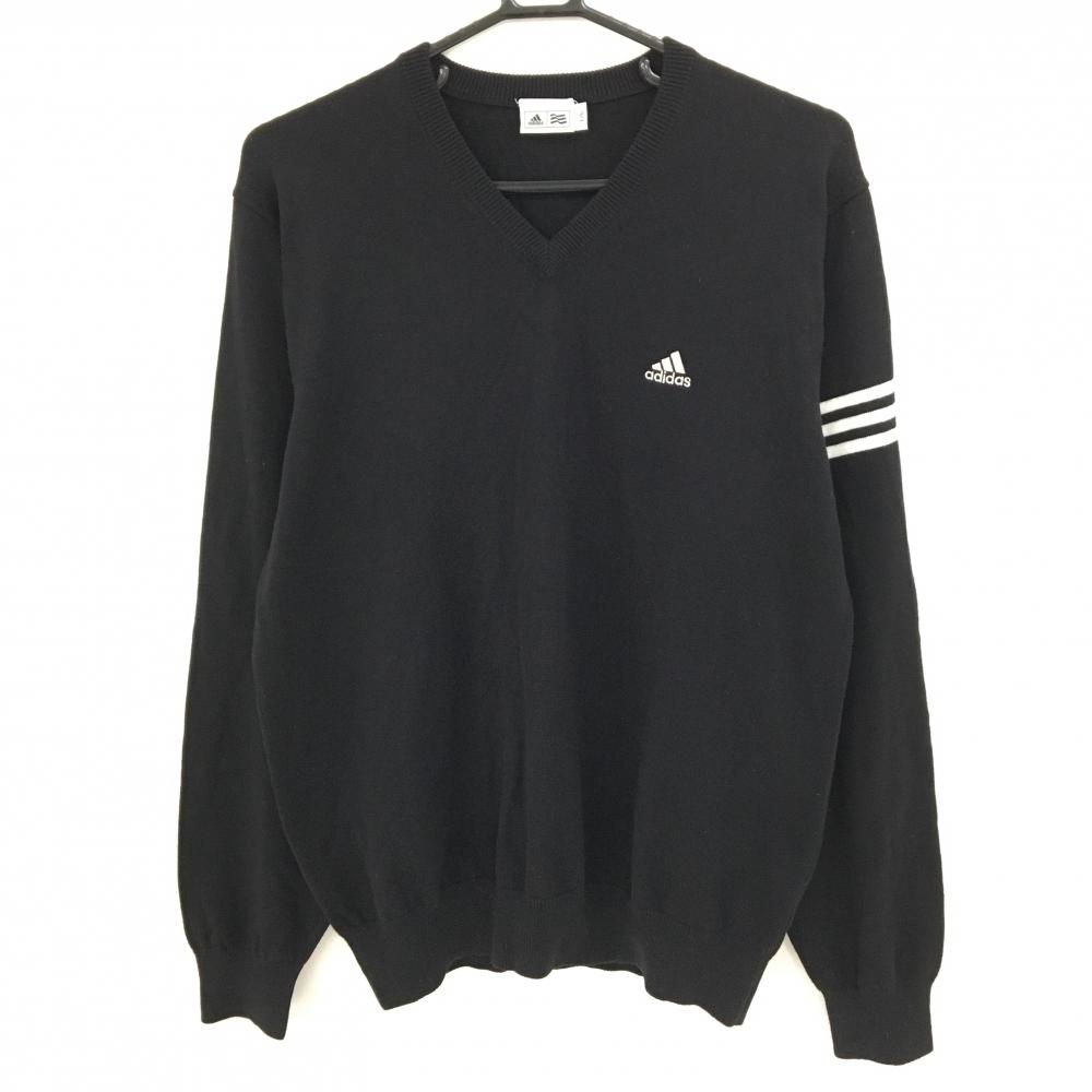 【美品】アディダス セーター 黒×白 Vネック 袖3ライン ニット メンズ L/G ゴルフウェア adidas