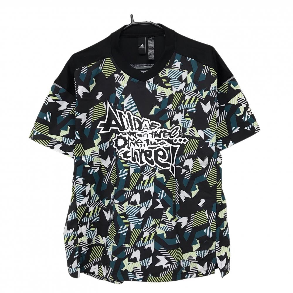 【美品】アディダス 半袖スニード 黒×グリーン×白 袖ロゴ  メンズ L ゴルフウェア adidas